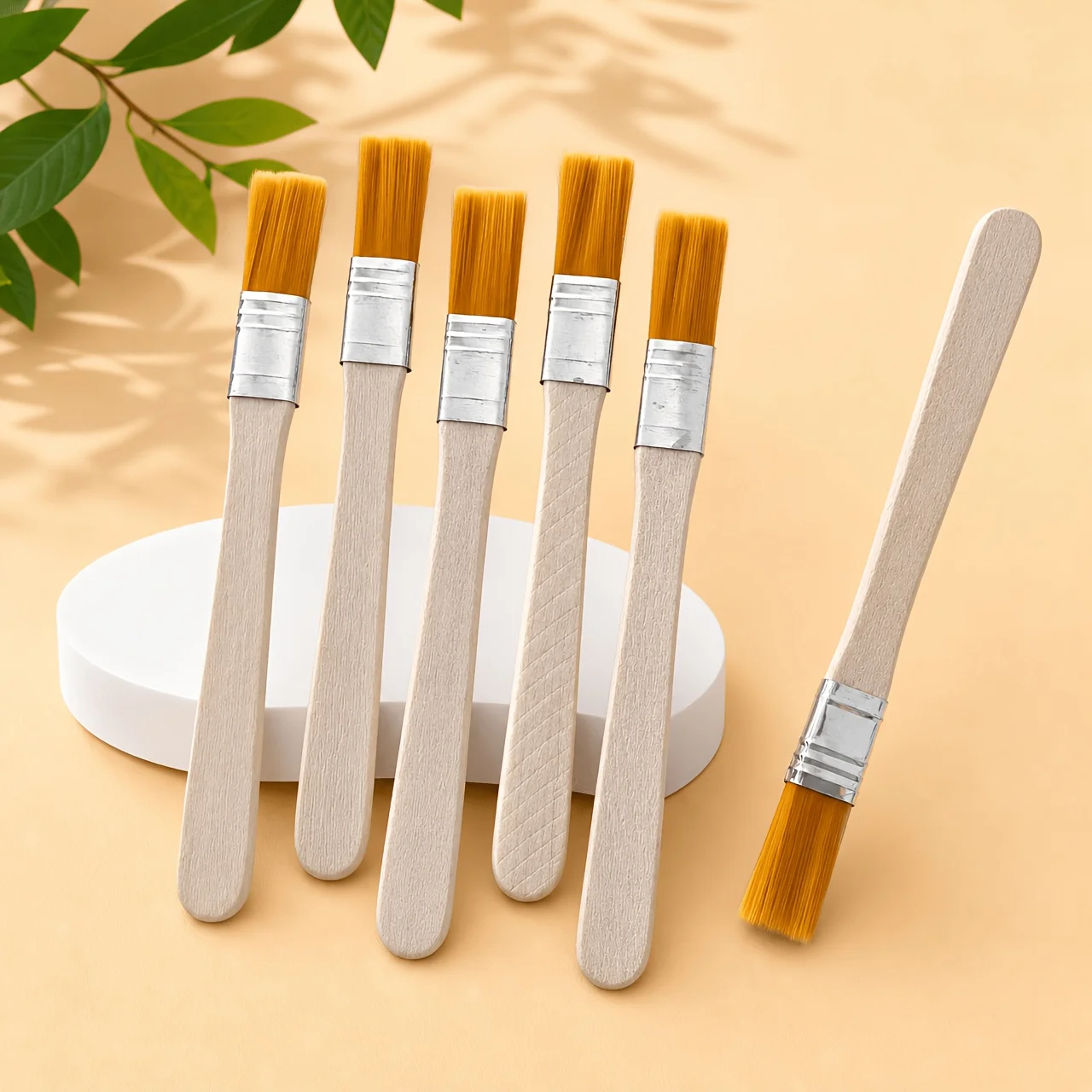 5Pcs Short Wooden Handle Paint Brushes, Fiber Bristle Acrylic Wall Art Painting Tools