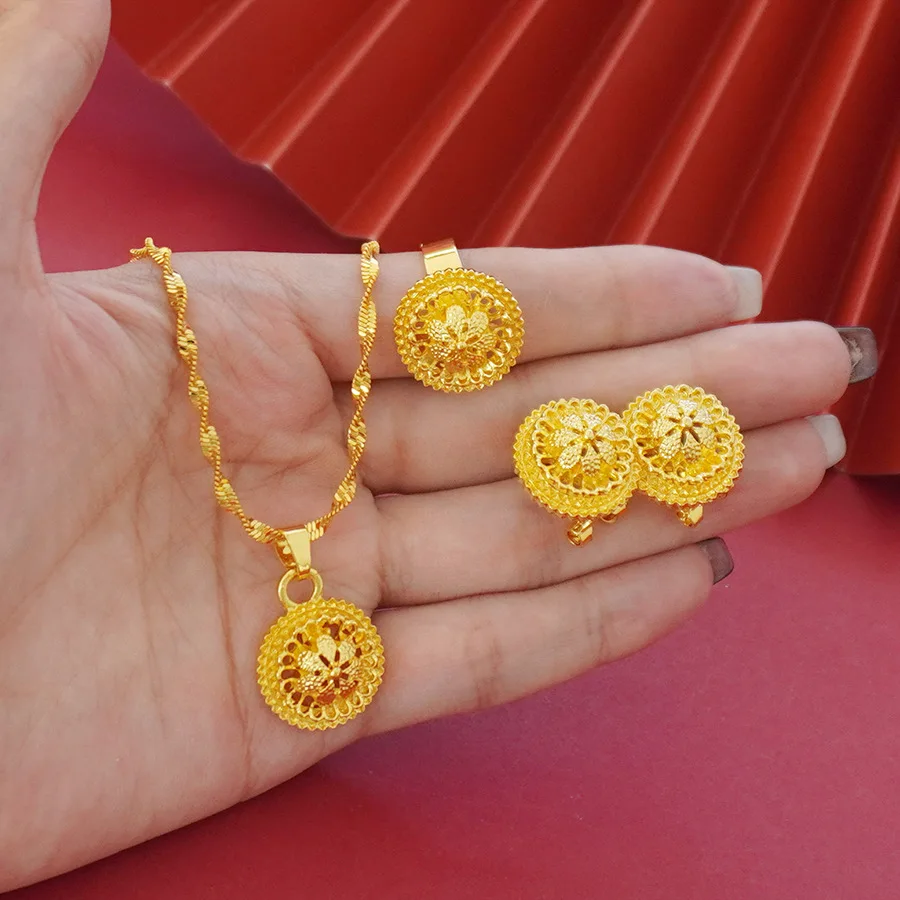 9999 Gold Middle Eastern Floral Design Necklace Pendant Earrings Ring Set Jewelry Ensemble