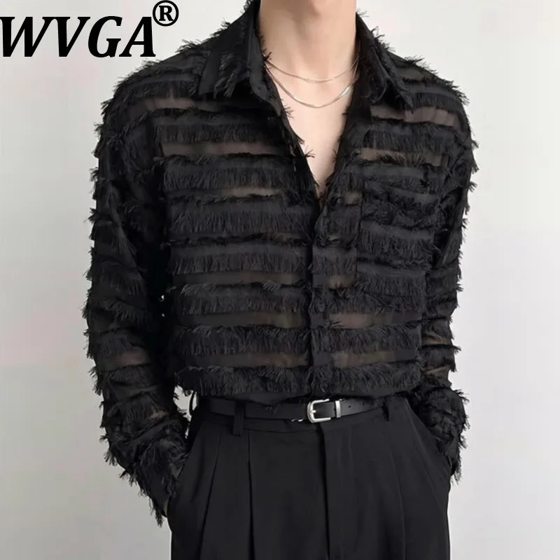 WVGA Spring Autumn New Men Hollow Out  Breathable Striped Trendy Loose Furry Long Sleeve Shirt Niche Chic Casual Tops Ins W26543