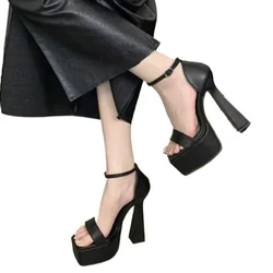 Summer Women Sandals Platform Party Pumps PU Leather 15CM Square Heel Summer Buckle Strap Flat Buckle Women Heeled Shoes