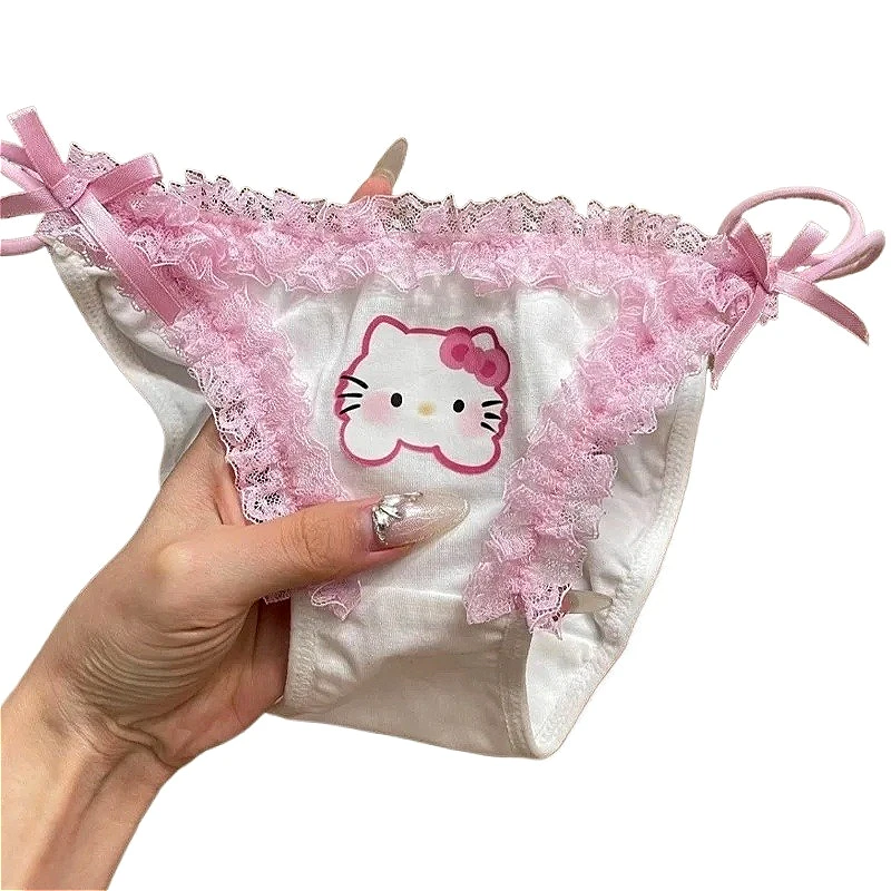 Трусики Hello Kitty для девочек, сексуальные, милые, кружевные, с мультяшным принтом, женское нижнее белье с низкой талией, розовые, для молодых девушек, стринги