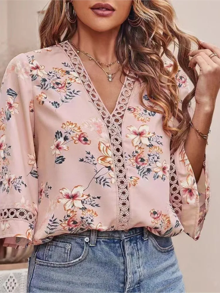 Camisas estampadas con cuello en V para mujer, jersey informal bohemio para vacaciones en la playa, camisa de mangas acampanadas, ropa elegante de verano para mujer nueva