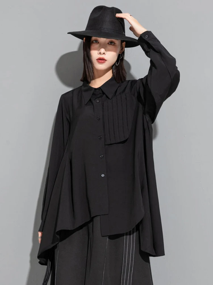 Women Black Irregular Pleated Big Size Blouse New Lapel Long Sleeve Loose Fit Shirt Fashion Spring Autumn