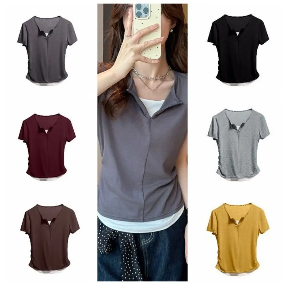 

Ins Y2K Fake Two Pieces Top V-neck Patchwork Slim Crop Top Women Spicy Girl Chic Short Sleeve T-shirts Streetwear