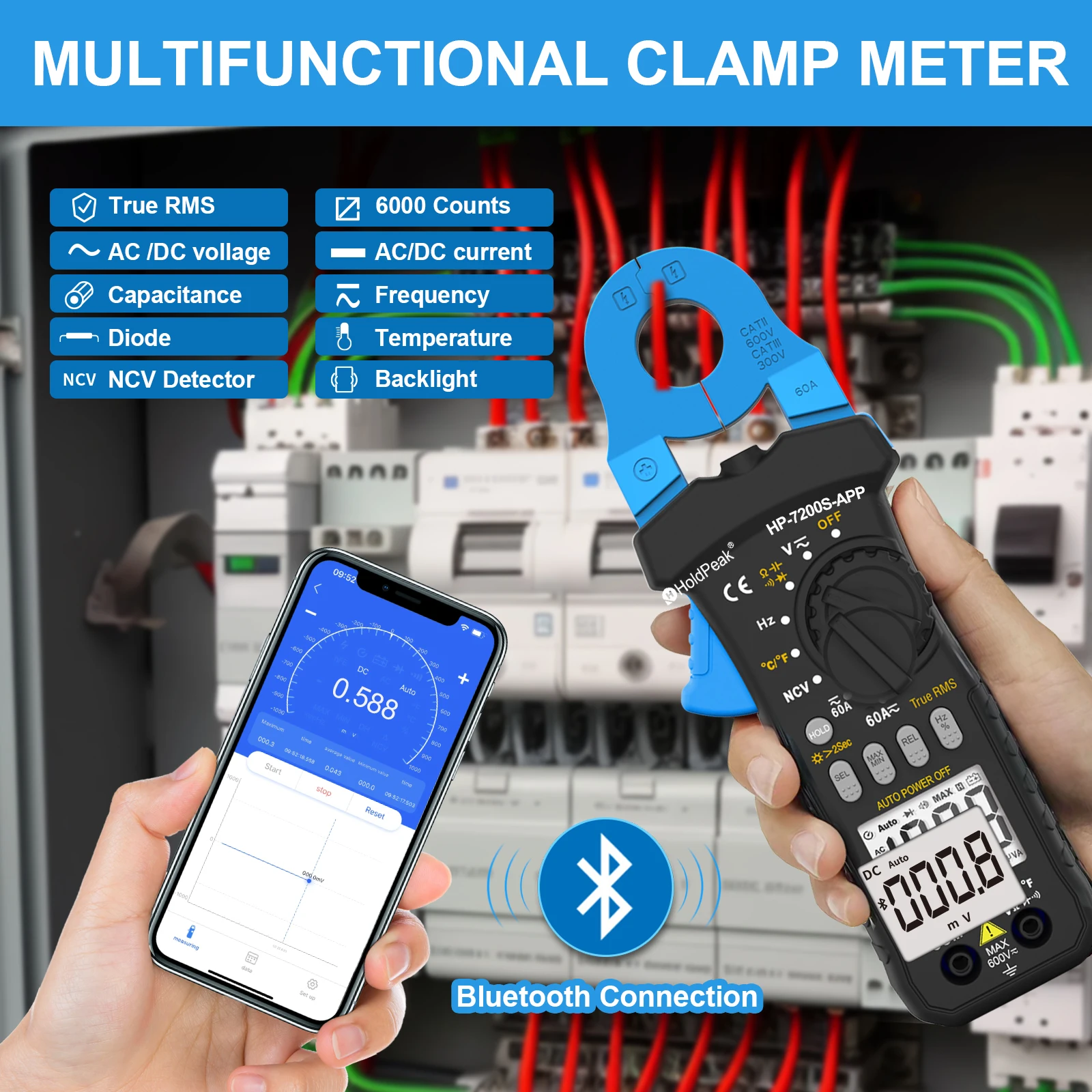 Multimeter HP-7200S-APP With APP function, true RMS AC/DC small current Automatic range digital clamp multimeter HOLDPEAK