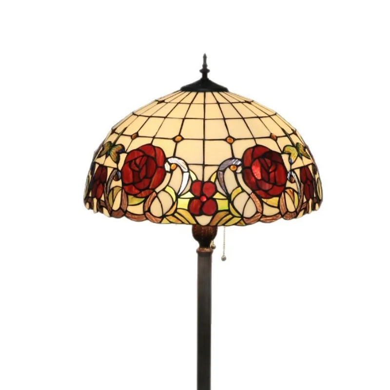 Rose Patterned Glass Lampshade Floor Lamps Retro Living Room Bedroom Fixture Sofa Background Decoration Home LED Standing Light