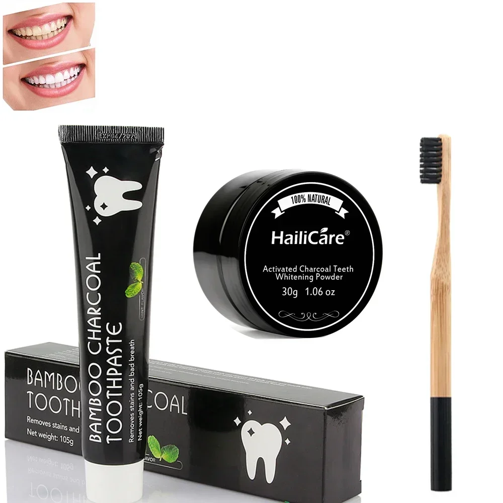 Teeth Whitening Set Bamboo Charcoal Toothpaste Strong Formula Whitening Tooth Powder Toothbrush Oral Cleaning DentalCare