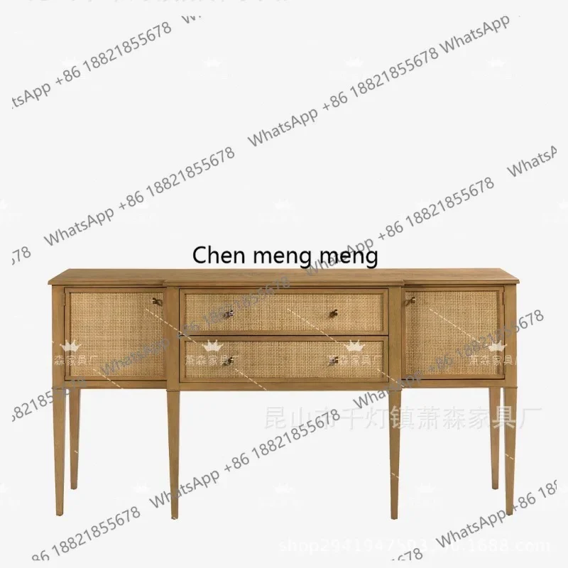 

retro solid wood dining side locker, Chinese braided rattan side entrance cabinet, living room wall storage decorative cabinet