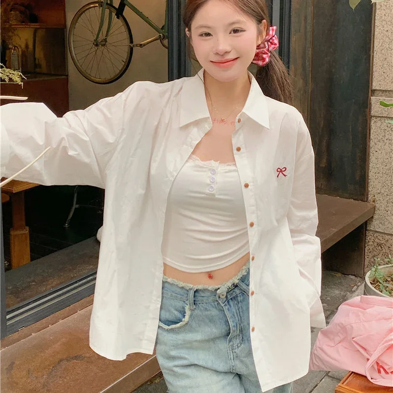 Summer New Womens Shirts Korean Fashion Chic Bowknot Embroidery Turn Down Collar Shirts Y2K Loose Single Breasted Blouse Women