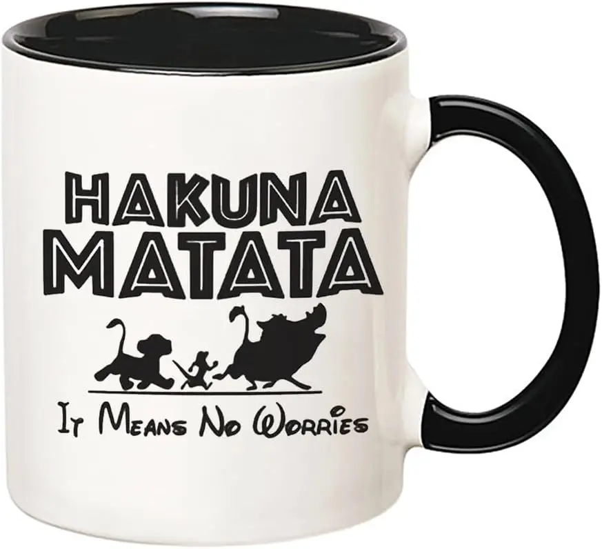 Hakuna Matata, It Means No Worries, Animal Kingdom Mug, 11 Oz Novelty Coffee Mug/Cup, Black