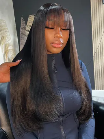 Peluca de cabello humano liso con flequillo para mujer, pelucas de encaje brasileñas 3x1 de 30 pulgadas, peluca sin pegamento, cabello humano de Color negro Natural