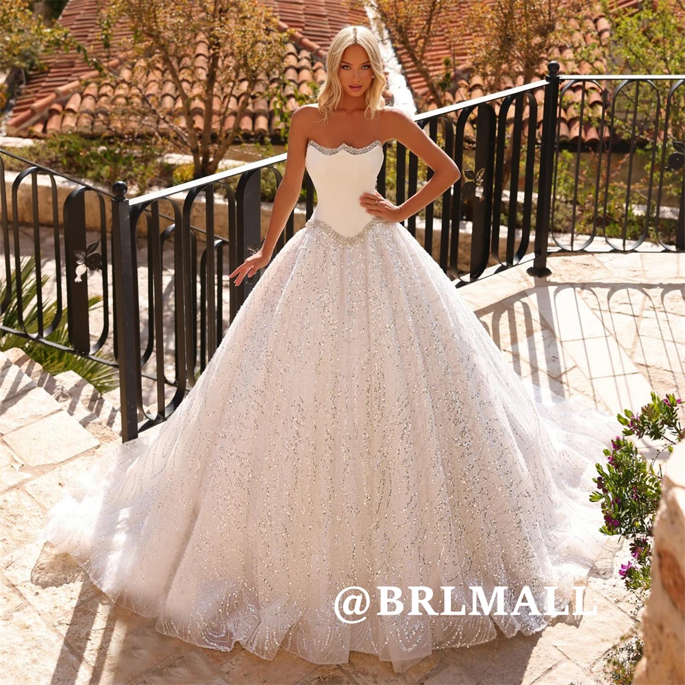 

Strapless Long Wedding Dress with Beaded Tulle Skirt, Stone Accent Bride Dresses, Customized Lace Corset Bridal Gowns