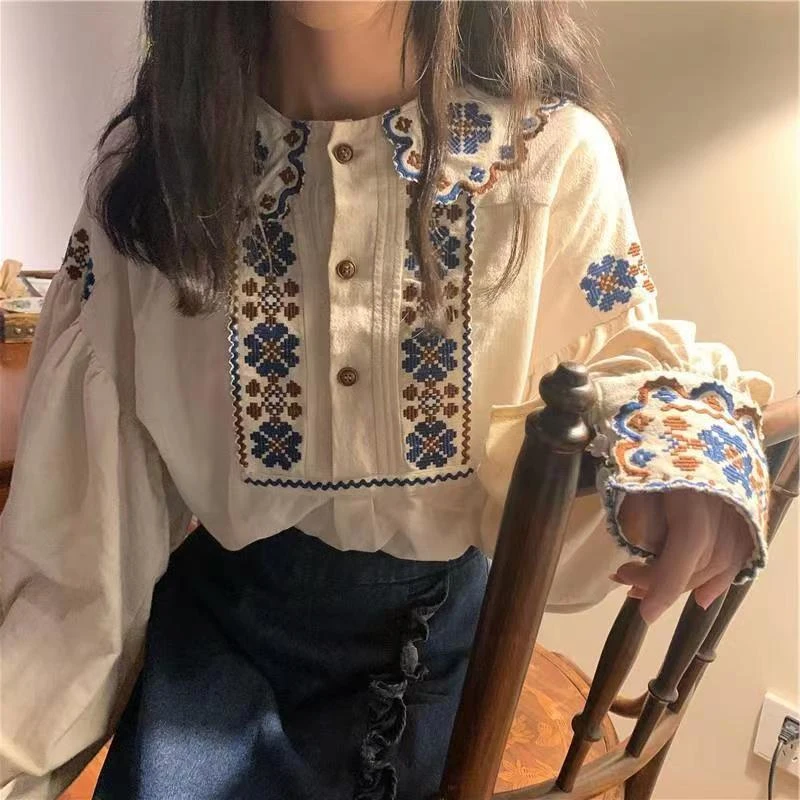 2024 Women Spring Blouse Vintage Ethnic Style Peter pan Collar Long Sleeve Loose Embroidered Pullover Shirt Casual Top