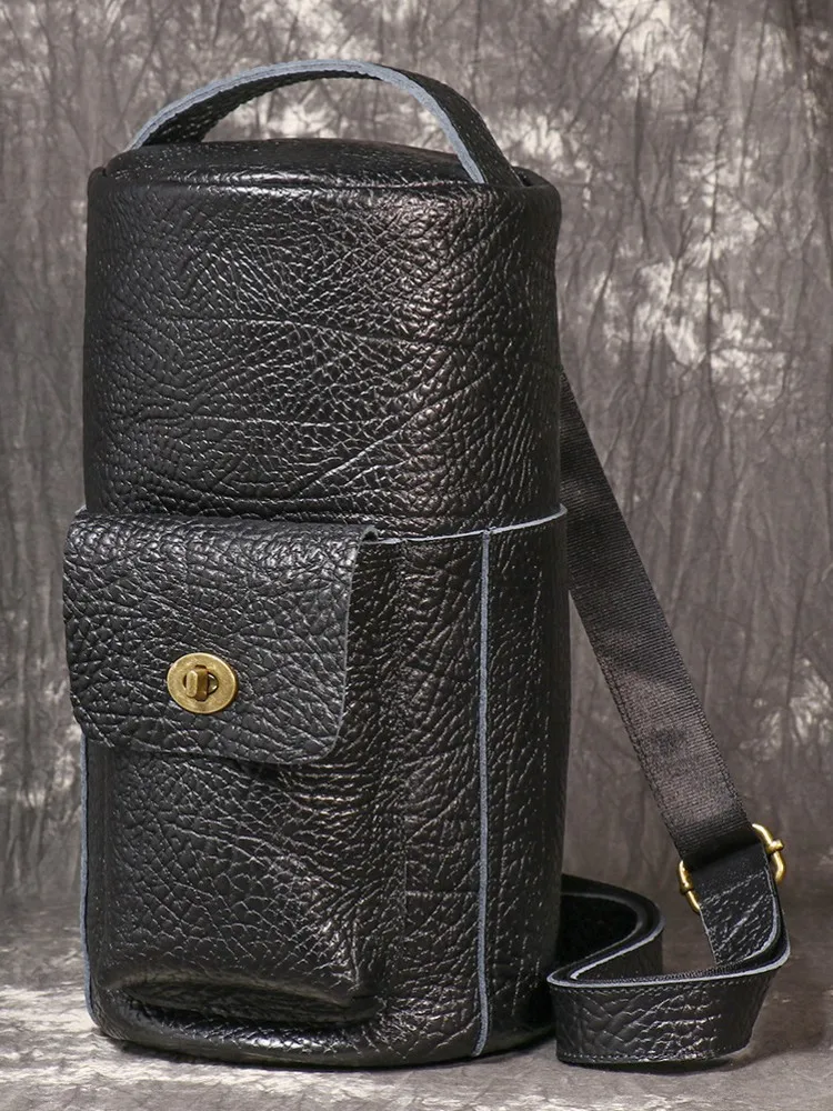Vintage Male Motorcycle Riding Cowskin Genuine Leather Zipper Mens Messenger Bag Casual Single Shoulder Round Chest Travel Bag