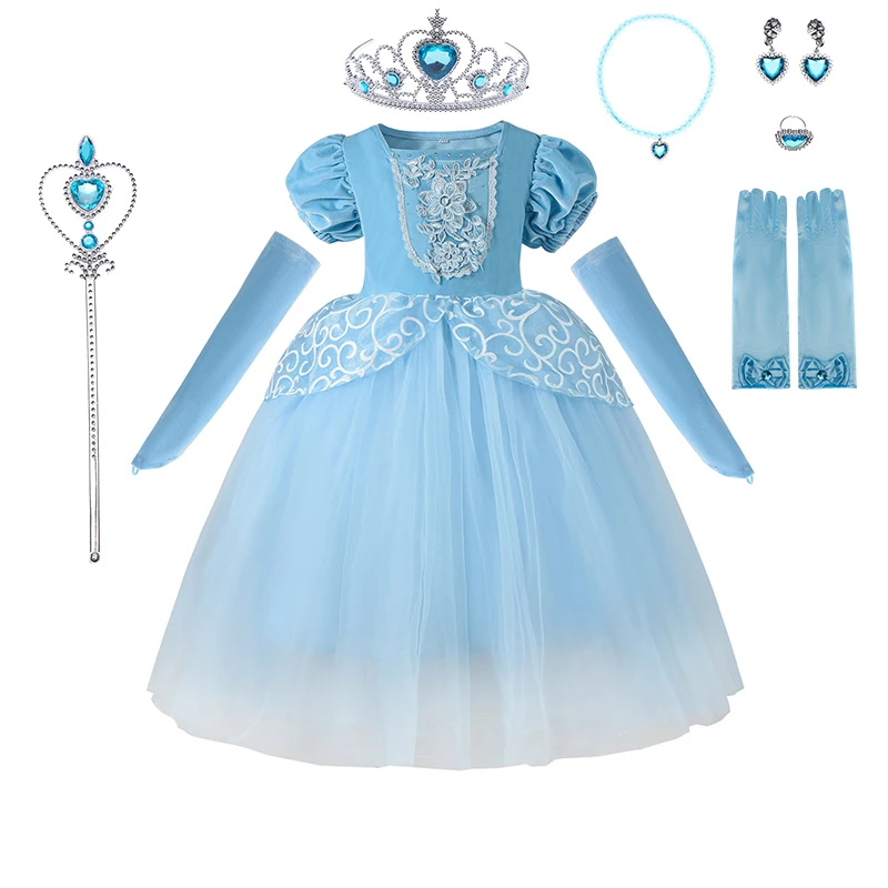 

2024 Halloween Party Cinderella Dress Up For Girl Short Sleeve Fancy Princess Costume Blue Floral Mesh Puffy Girls Party Dresses