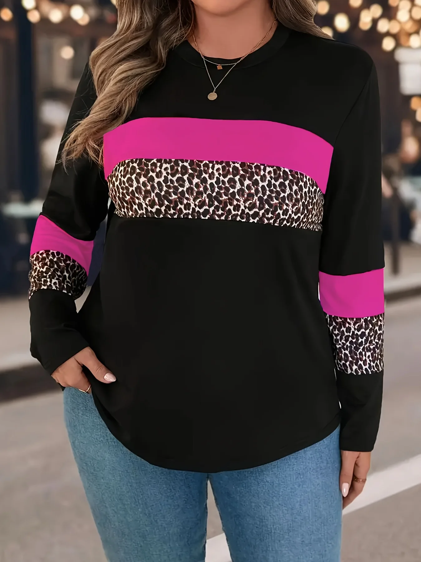 

Леопардовый принт больших размеров, с принтом, круглым вырезом, повседневная футболка, идеальный выбор на весну и осень, одежда больших размеров.