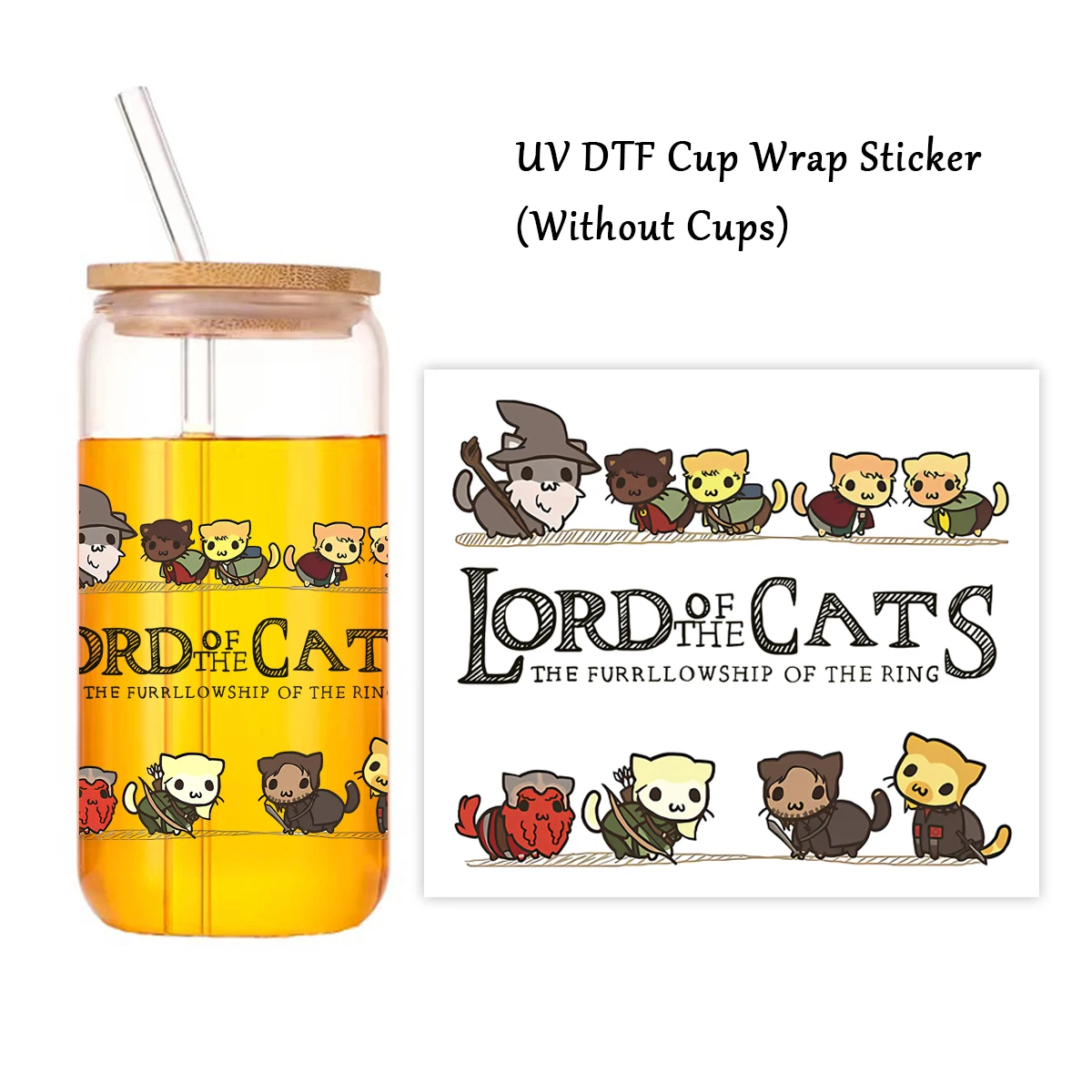 1PC UV DTF Transfer Sticker,Lord Of The Cats Theme UV DTF Cup Wrap Stickers,Mark Cup Glass Can Decals, Glass Cup Decoration