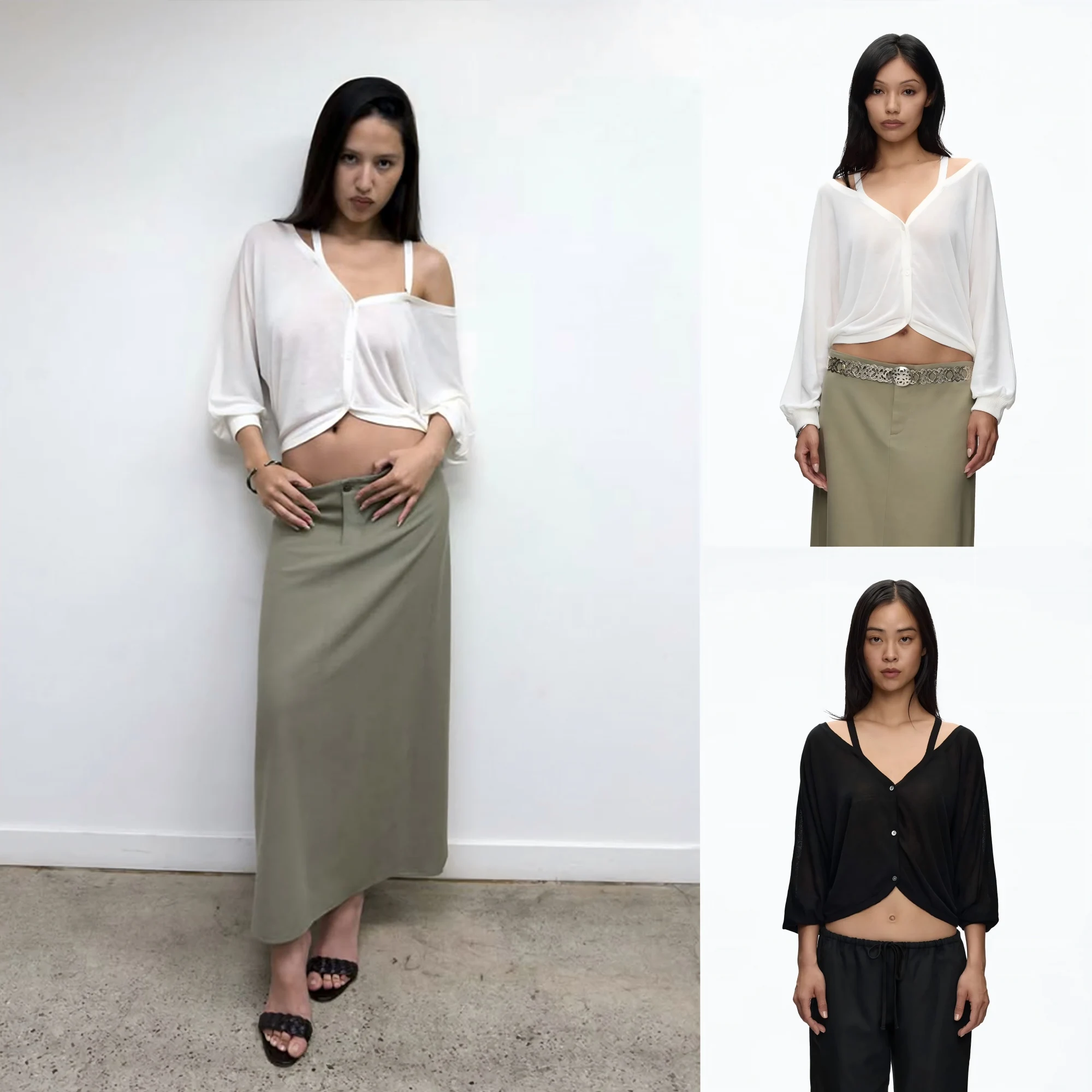 Tank White Knit Cardigan with Faux Two-Piece Layered Camisole and Off-Shoulder Design, Black Batwing Sleeve Draped Jacket