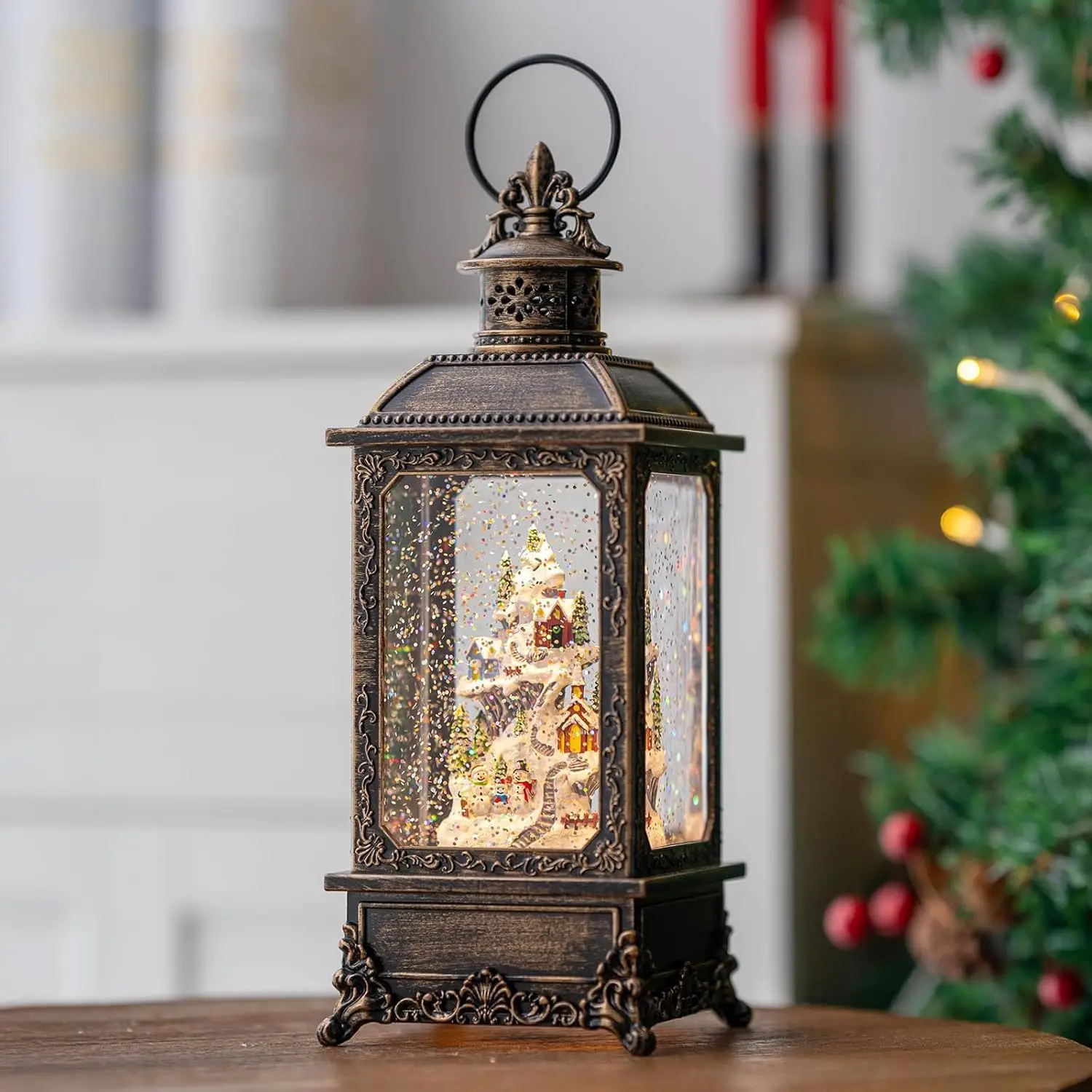 فانوس عيد الميلاد على شكل كرة أرضية ثلجية مع موسيقى ومؤقت، فانوس مضاء مبطن/تشغيل USB لتزيين مهرجان عيد الميلاد