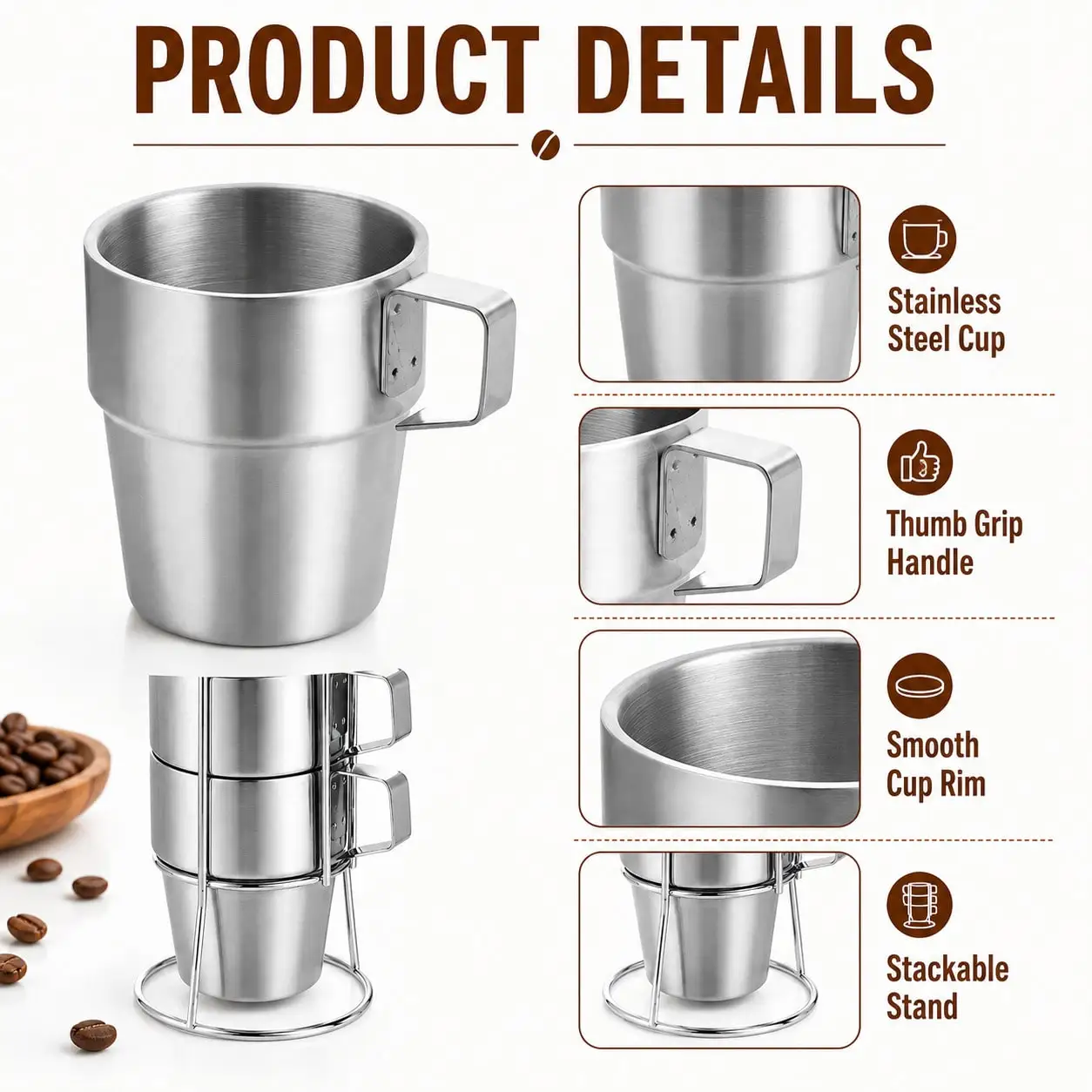 4 Pack Stainless Steel Camping Coffee Mugs With Handle And Rack, 10oz 300ml Double Wall Stackable Metal Cups For Coffee, Tea And Water, Dishwasher Drinkware For Camping, Picnics, RV Travel And Home