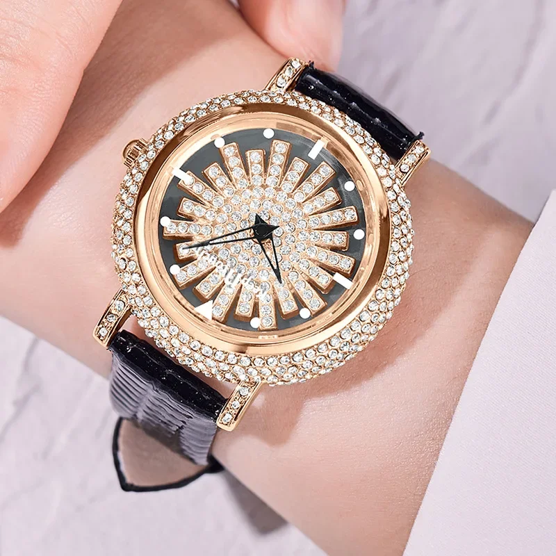 Fashion Women Watches Unique Rotatable Dial Rose Gold Watches for Women Rhinestone Luxury Top Brand Quartz Ladies Watch Gift