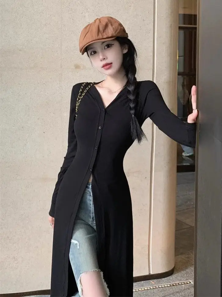 Ele Long Sve femme Dr Cardigan minceur t-shirt jupe à la mode jupe Midi vêtements d'extérieur printemps été automne couleur Pure