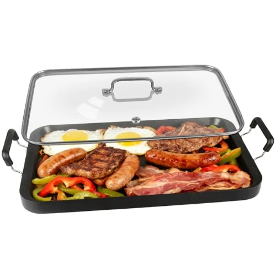 Plancha de Cocina de 2 Quemadores con Tapa de Vidrio - Plancha Antiadherente para Estufas de Gas y Vitrocerámica - Plancha de Aluminio para Camping
