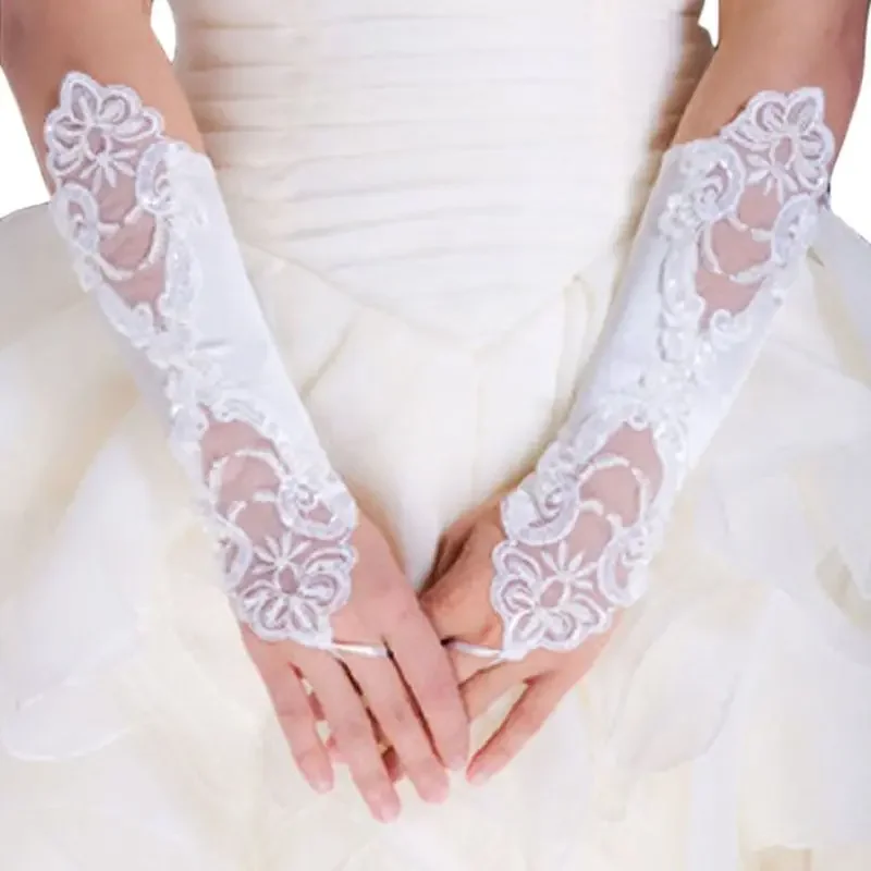 

1 Pair Women Bridal Long Gloves Fingerless Lace Glitter Sequins Solid Color Length Mittens Hook Finger Wedding Party