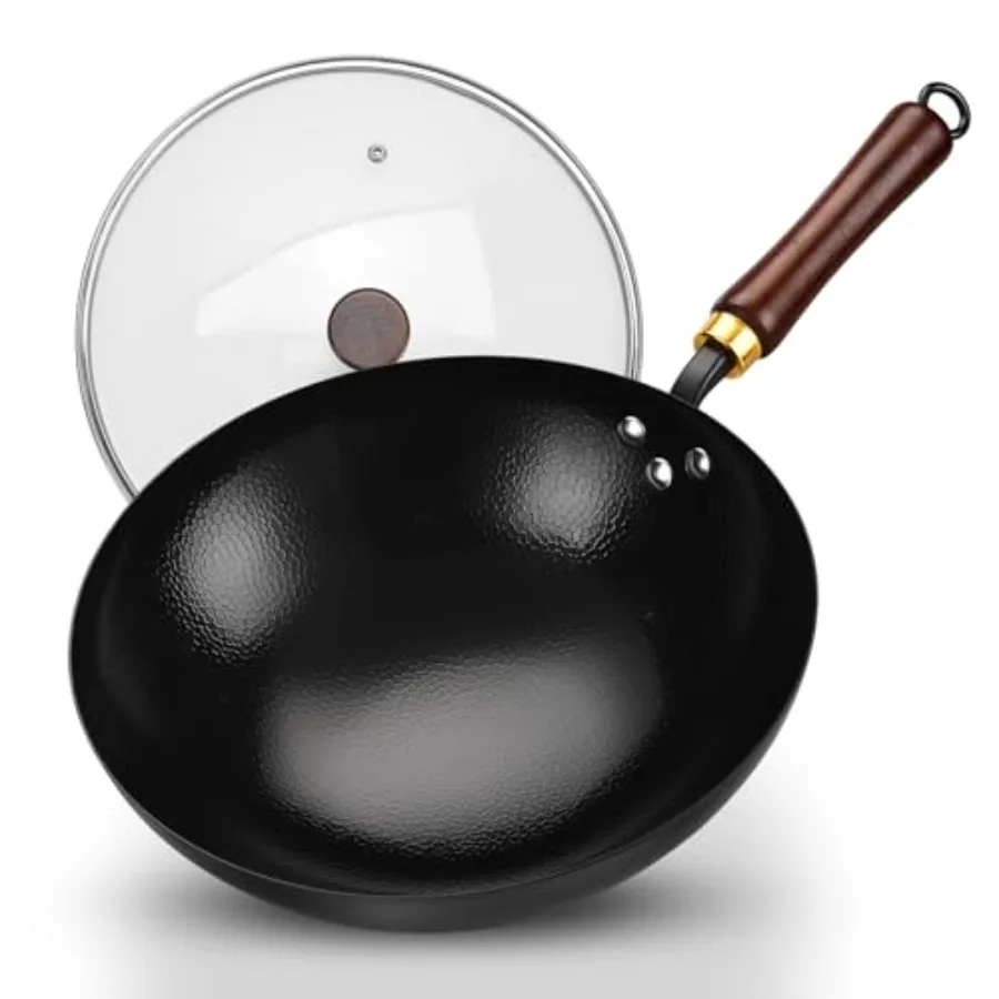 

Carbon Steel Wok Pan, Woks and Stir-Fry Pans with Glass Lid Cookwares, Nonstick Wok, No Chemical Coated Round Bottom Hand Hamme