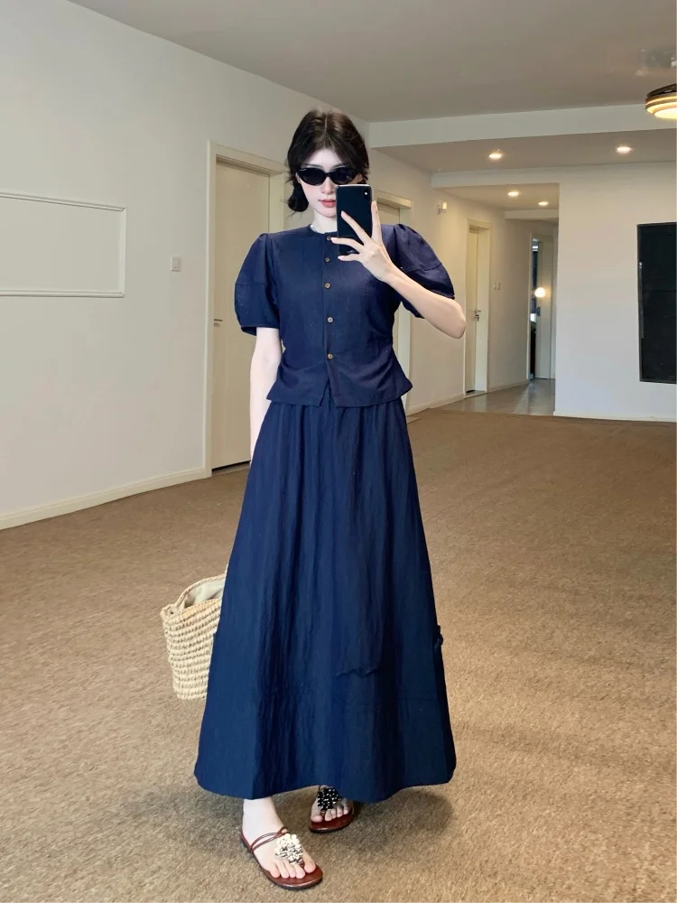 

plus Size Summer Fashion Set with Bubble Sleeve Blouse And Ruffle Splicing Half Skirt Korean Style Loose Fit High Waist A-Lin...