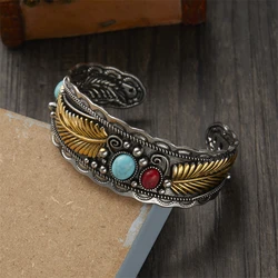 Vintage Turquoises Feather Bracelet for Men Women Bohemian Ethnic Natural Stone Open Adjustable Cuff Bangles Party Jewelry Gifts