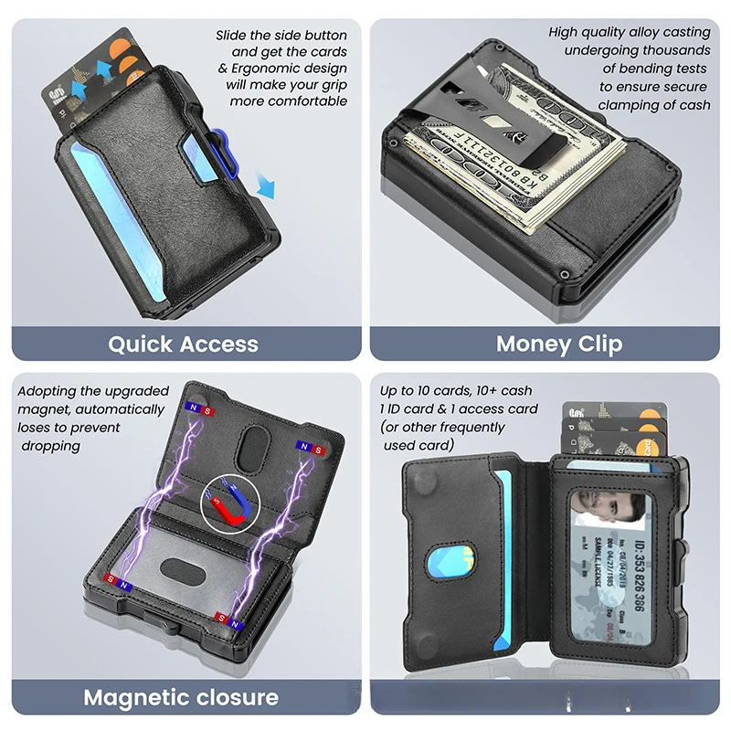 Aluminum Pop Up Card Case and Leather Slots Credit Card Holder RFID Blocking Wallet for Men with Gift Box