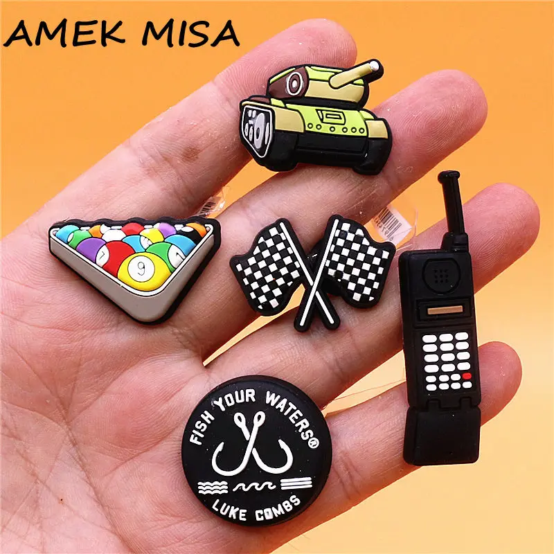 Original 1pcs Black Phone PVC Shoe Charms Accessories Signal Flag Snooker Clog Jeans Pins Tank shape Upper Badge Decorations