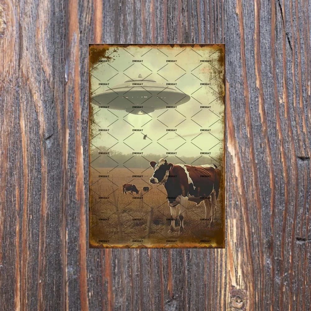 Vintage EMOHAT UFO Cow Abduction Metal Tin Sign - , Rustic Sci-Fi Wall Art with Alien & Farm Animal Design, Perfect for Home, Ba