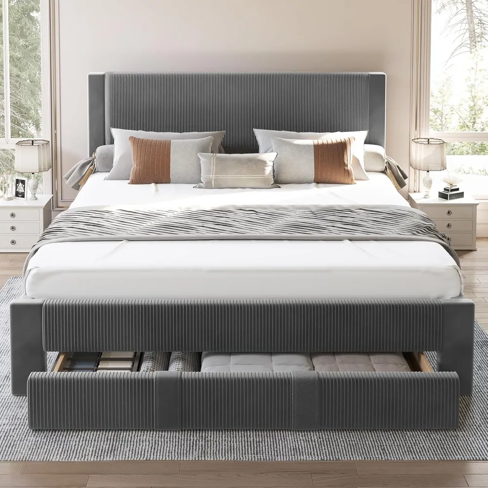 

Bed Frame with Storage, Wood Platform Bed Frame Full with Fully Velvet Upholstered Headboard, Strong Wooden 12-Slats S