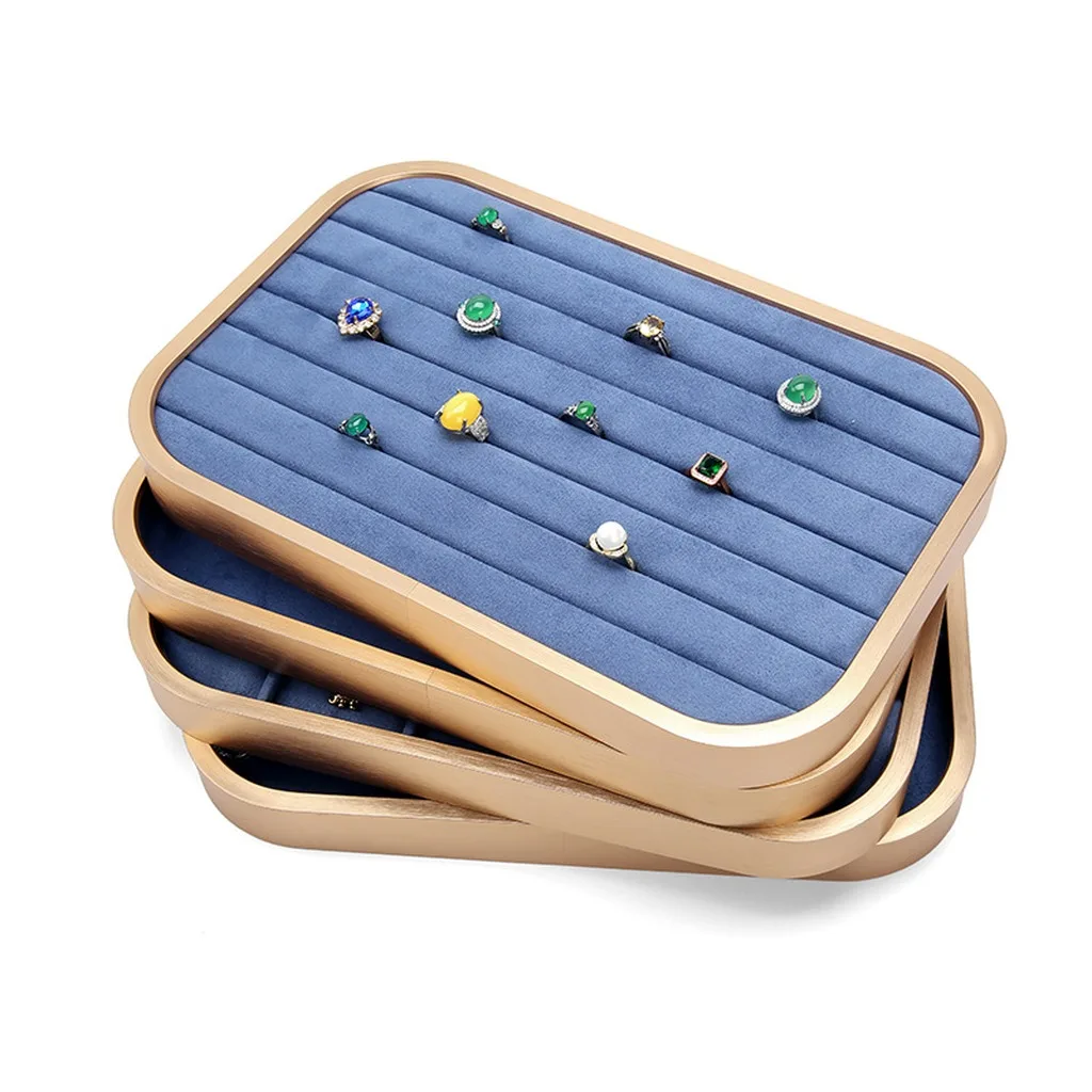 Premium Rounded Corner Metal Frame Flocked Lined Jewelry Display Tray Organizer for Rings Pendants Necklaces Bracelets Plates