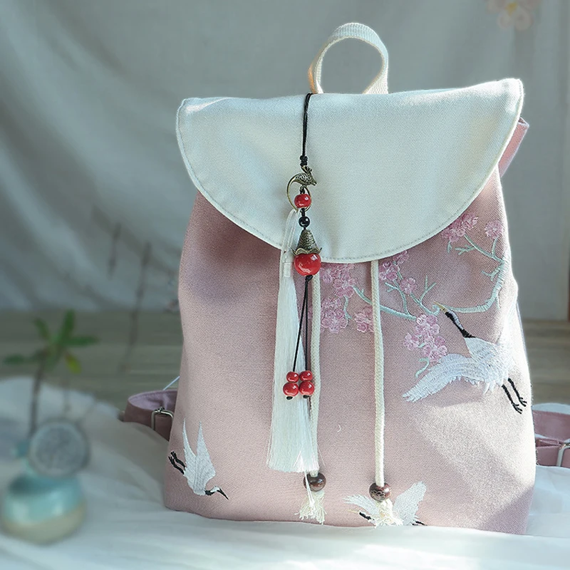 Ancient Style Hanfu Chinese Style Canvas Bunched Backpack Women\'s Canvas Embroidered Flower Backpack with Tassel Casual Bundle