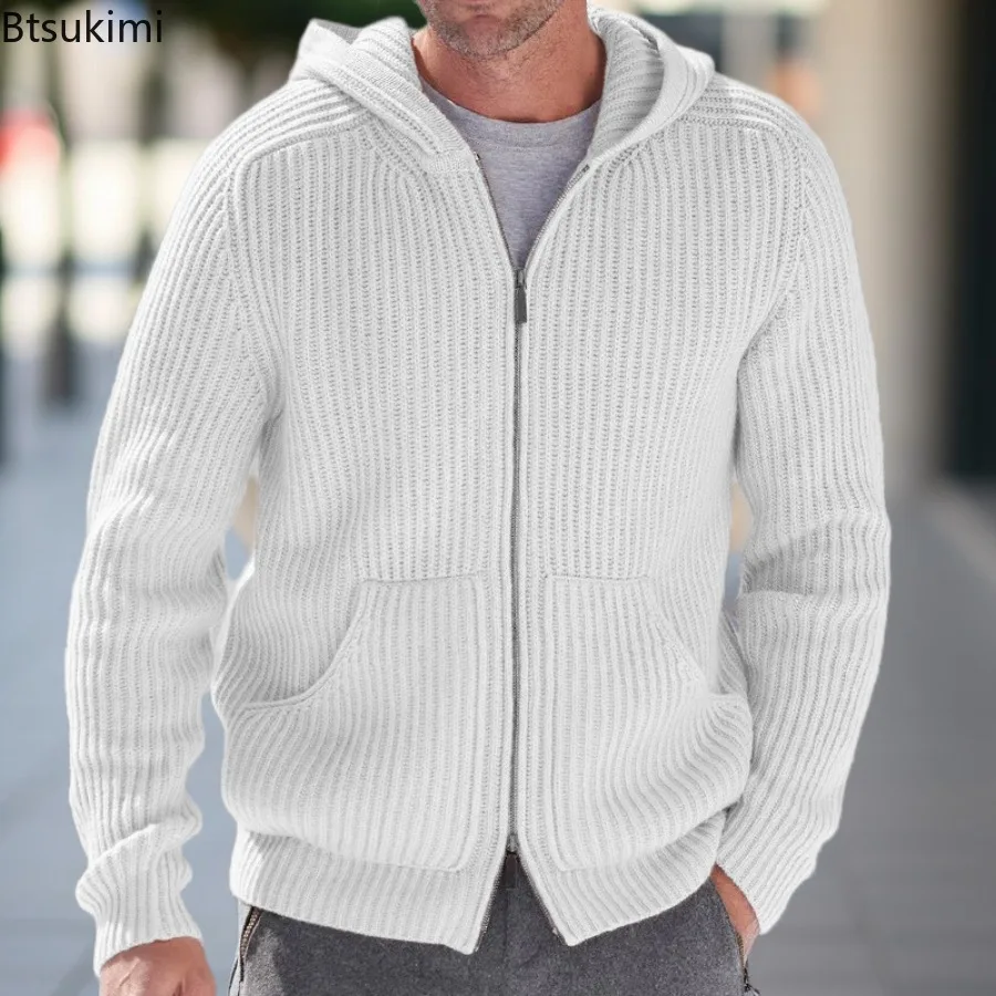 

2025 Autumn Winter Men's Long Sleeve Knitted Sweaters Casual Solid Zipper Hooded Sweater Coats Fashion Knitting Cardigans Male