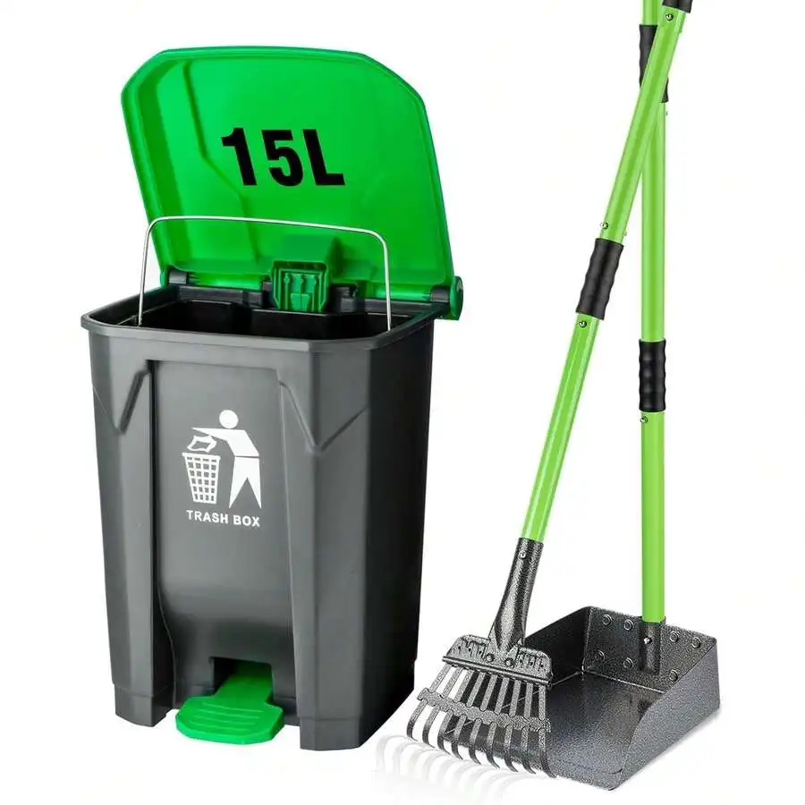 

Dog Pooper Scooper Set With 15L Step Trash Can Rake And Tray