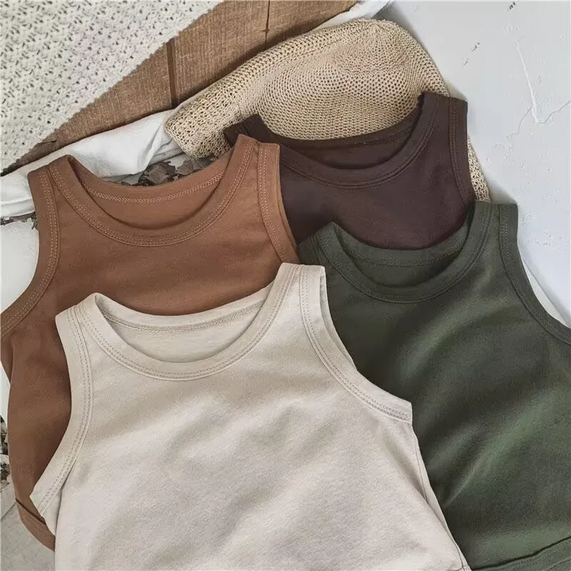 Newborn Baby Boy Girl Summer Cotton Vest Casual Top Sleeveless Tshirt Solid Color Child Infant Toddler Baby Clothes 12M-5Y