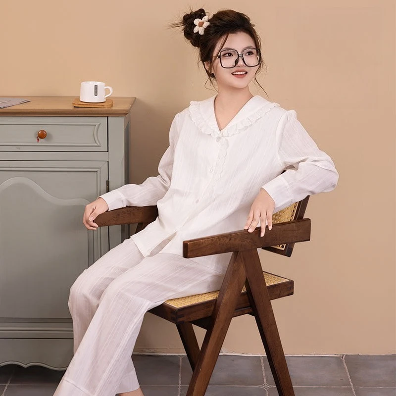 

Женский пижамный комплект из 100% чистого хлопка, мягкий, дышащий, белый, с рюшами на воротнике, с длинными рукавами, свободный, для дома и отдыха