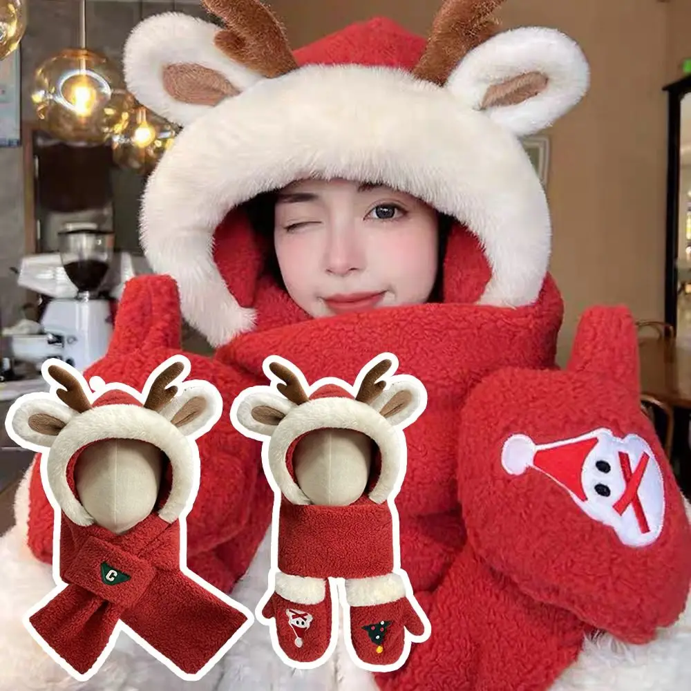 Cute Red Antler Christmas Hat Loose Fleece-lined Knitted Woolen Cap Windproof Fluffy Winter Hat