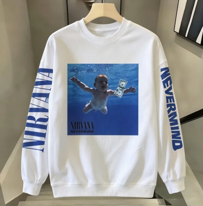 2026 neues Sweatshirt in Heather Gray mit Rundhalsausschnitt, Sweatshirt mit Nirvana Nevermind Albumcover-Grafik, Unisex Rock-Pullover – Detail 9