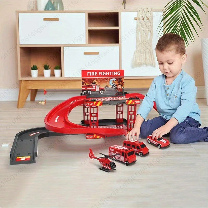 Children's rail car sliding toy first floor rail fire engineering vehicle dinosaur parking lot toy play house gift