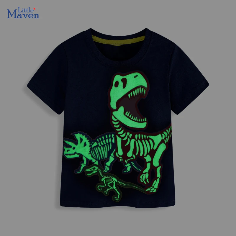 Little maven 2026 New Fashion Boys T-shirt Summer Luminous Dinosaur Cotton Causal Clothes Lovely Tops for Kids 2-7 Years