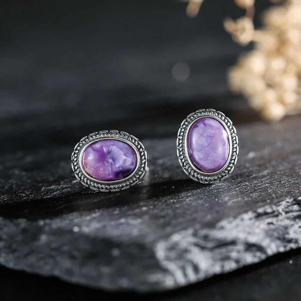Solid S925 Silver Women's Earring Studs 8*6mm Natural Charoite Oval Purple Gemstone Vintage Floral Handmade Boho Jewelry