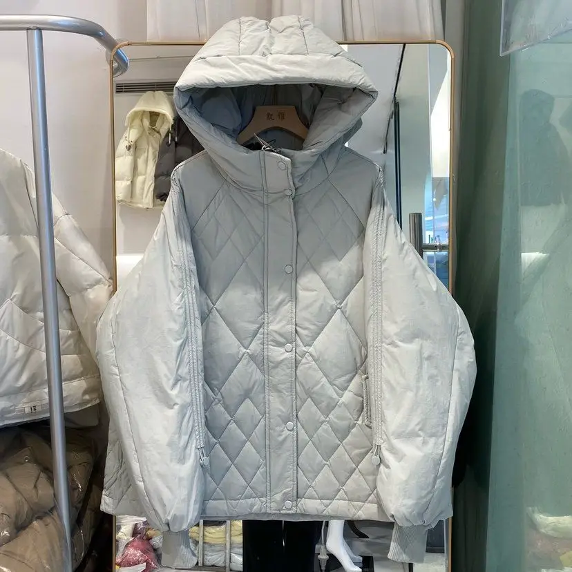 

2025 зимний новый женский пуховик, свободный пригородный ветрозащитный пуховик с капюшоном и ромбовидной сеткой