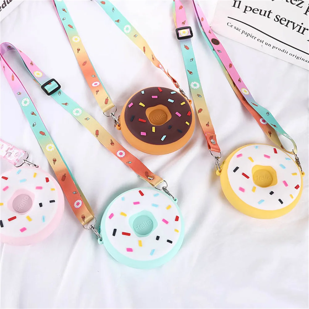 Cute Rainbow Donut Silicone Crossbody Bag Mini Zipper Adjustable Shoulder Purse Girl Round Bag Holiday Travel Handbag