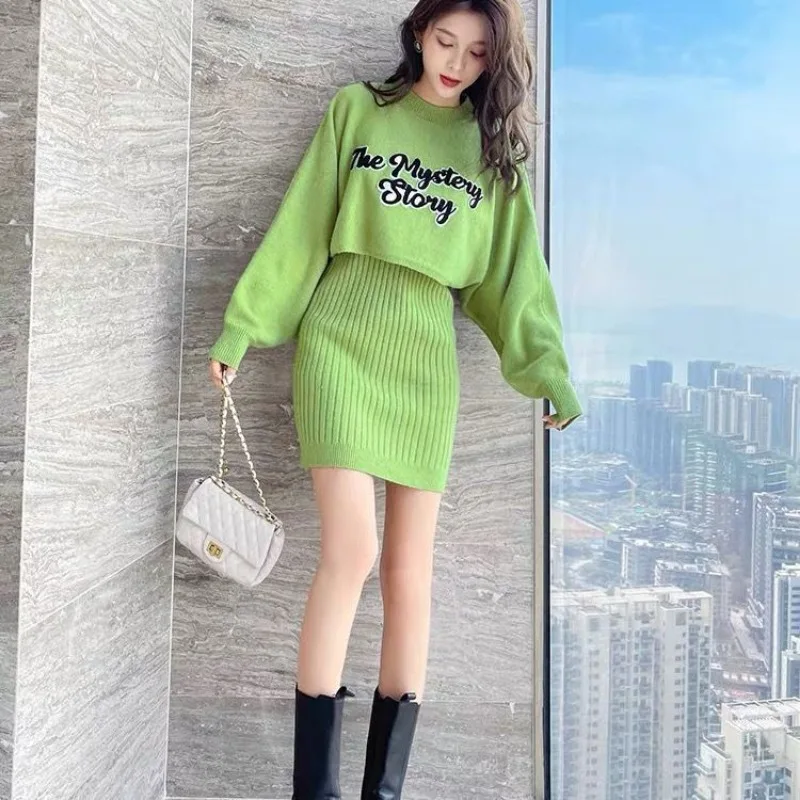 Women\'s Two Piece Set Dress Female Outfits Kawaii Midi Commuting Knit Green Long Sleeve Crochet Clothing Trend 2024 Stylish Full