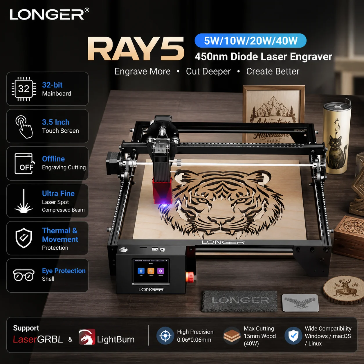 LONGER RAY5 5W/10W/20W/40W Incisore laser a diodi 450nm con scheda madre a 32 bit e schermo touch da 3,5 pollici, incisione e taglio offline, spot laser ultra fine, fascio compresso, protezione